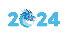 2024 Happy Chinese New Year Of Dragon Logo, Blue Colors And Symbol With Dragon, Flat Design Illustration, Poster