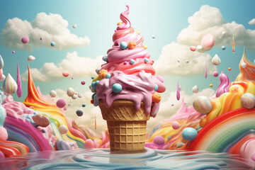 Ice Cream fantasy world, Cartoon illustration of a big ice cream waffle cone surrounded by colorful creamy elements. Creative Ice cream banner advertising concept. Imaginary ice cream world wallpaper.