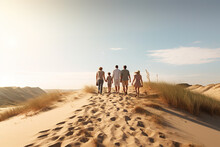 Back View Of Multi-Generation Family Walking Along Path Through Sand Dunes Together.