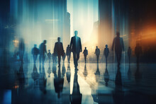 Silhouettes Of Business People Walking Outdoors. Multiple Exposure Image. Business Concept Illustration.
