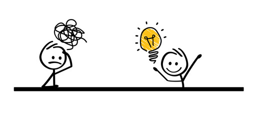 Poster - Cartoon think big idea lamp with brain. Happy stickman and light bulb or chaos icon. Comic stick figures and scribbles man. Vector bulb an idea concept sign. Thinking or brainstorming ideas brain.