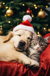 A dog snoozing cuddling a cat against the backdrop of festive Christmas tree.