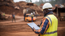 A Young Black African Mining Construction Worker With A Digital Tablet In An Open Pit Quarry