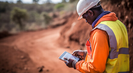 Wall Mural - Young black african road construction worker with digital tablet on road construction site