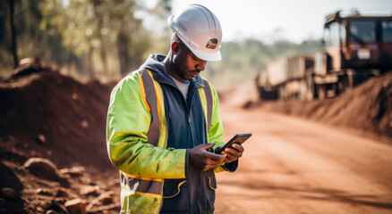 Wall Mural - Young black african road construction worker with digital tablet on road construction site