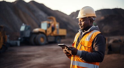 Wall Mural - A young Black African mining construction worker with a digital tablet in an open pit quarry