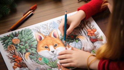 Canvas Print - A little girl is drawing a picture of a fox