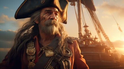 A man in a pirate hat standing in front of a ship