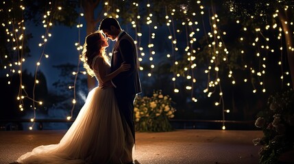 Bride and groom standing under a tree with fairy lights. Perfect for wedding invitations, greeting cards, and social media posts, adding a romantic touch to any design project.