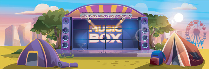 Aufkleber - Music festival background banner in flat cartoon design. Open air performance summer poster, show stage with speakers, tents for audience at campground area, cityscape backdrop. Vector illustration