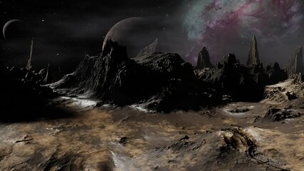 Wall Mural - Alien planet dramatic landscape dolly camera movement 3D render.