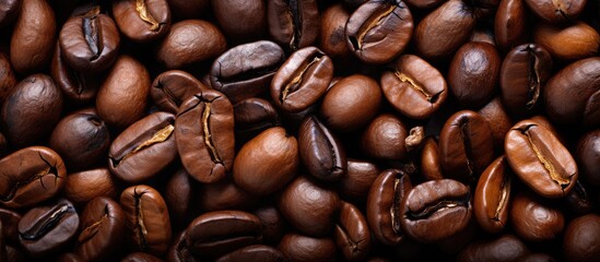 Wall Mural - Coffee bean background with energizing java concept and full frame photograph of stacked roasted beans