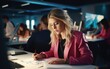 © piai - A copywriter is writing with pen in a notebook in a modern corporate office environment. Generative AI