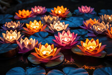 Lotus Flowers Symbol Of Spiritual Purity Adorning A Swimming Pool During The Diwali Celebration.