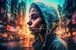 Woman in hoodie figure with blurred face side view in double exposure and big city.