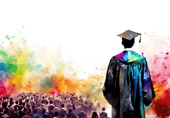 Wall Mural - A graduate of a university, college or school receives his or her degree at a graduation ceremony. A crowd of students. Digital art in watercolor style. Illustration for banner, card, cover, brochure.