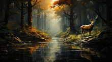 Beautiful Deer In The Forest With River