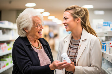 Pharmacist showing medicine to an elderly lady