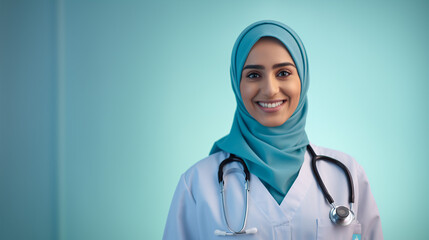 Wall Mural - In this closeup, a friendly Muslim nurse beams with confidence..