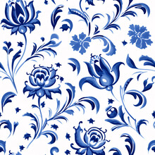 Get A Touch Of Dutch Charm With This Blue Floral Watercolor Gouache Pattern, Designed For Fabric Printing And Wallpaper..