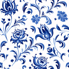 Get a touch of Dutch charm with this blue floral watercolor gouache pattern, designed for fabric printing and wallpaper..