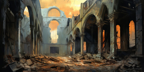 abstract art of empty Ruins of an old Christian church ,illustration painting.generative ai