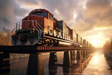 Sticker - A train is seen traveling across a bridge over a river. This image can be used to depict transportation, travel, or scenic landscapes.