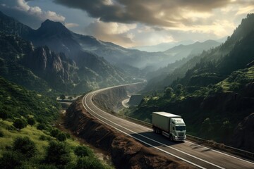 Poster - A powerful semi truck navigating a winding mountain road. Perfect for transportation and adventure-themed projects.