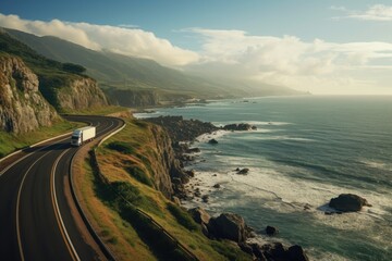 Sticker - A truck is seen driving down a road next to the ocean. This image can be used to depict transportation, coastal landscapes, or road trips.