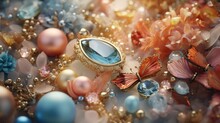 A Close Up Of A Ring Surrounded By Flowers And Pearls