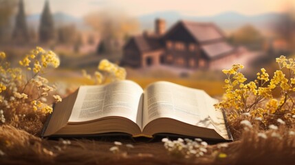 Poster - An open book sitting on top of a lush green field