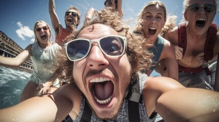 Crazy friends jump happily from a sailboat into the sea - Young people jump into the sea during summer vacation - Mainly focused on middlemen - Travel and fun concept