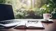 © prastiwi - Desk with laptop,note pad, pen, Coffee Cup, eyeglasses, isolated nature background. AI generated