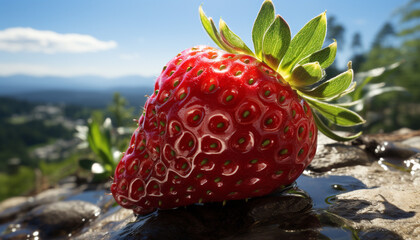 Wall Mural - Freshness of nature bounty: ripe strawberry, juicy raspberry, refreshing drop generated by AI