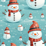 Fototapeta Dinusie - Christmas seamless pattern of snowman with santa hat
