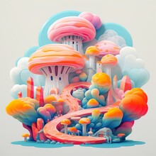 Psychedelic Art Style Painting Of Mushrooms In Bright Colors.