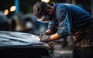 An auto repairman grinding auto body bonnet in an open air. Generative AI