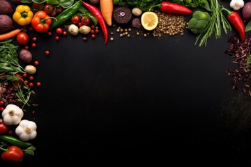 Wall Mural - A vibrant assortment of fresh vegetables displayed on a black background. Perfect for food blogs, healthy eating articles, or recipe websites.
