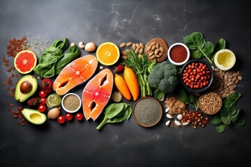 Wall Mural - A colorful assortment of fresh fruits, vegetables, nuts, and fish. This versatile image can be used to showcase healthy eating, nutrition, cooking, recipe ideas, or even in a market or grocery store s