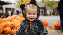 Adorable Toddler In A Halloween Costume. Happy Baby In The Autumn With Pumpkins. Cute Child Smiling In A Pumpkin Patch Dressed As A Witch.