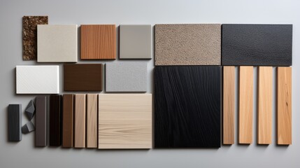 samples of interior material consists concrete tile, wooden laminated or veneer, artificial stones, green fabric for drapery, wooden vinyl flooring. interior selected material for mood and tone board.