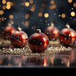 Multiple red and gold Christmas baubles on a table with gold beads and a blurred dark background