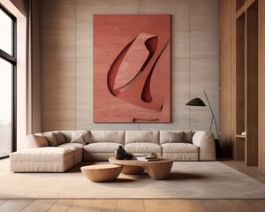 Wall Mural - A vibrant living room with a cozy couch, loveseat, and colorful pillows, adorned with a large, striking piece of art on the wall, and accented with a vase of flowers, invites relaxation and contempla