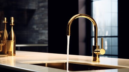 Wall Mural - Close-up of gold faucet with running water in a modern classic luxury kitchen. Countertop with built-in sink. Black marble backsplash in the background. Contemporary home design. 3D rendering.