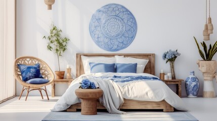 Wall Mural - A blue and white bedroom with a large bed