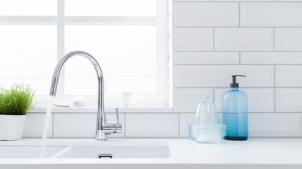 Wall Mural - Fragment of a modern luxury white kitchen. Countertop with built-in sink, chrome faucet with running water. White tile backsplash, window. Close-up. Contemporary interior design. 3D rendering.