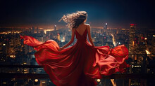 Fashion Woman In Red Fluttering Dress Back Side Rear View. Glamour Model Dancing With Long Silk Fabric Flying On Wind Over Night Sky City Light Landscape