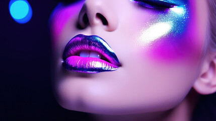 High Fashion model metallic silver lips and face woman in colorful bright neon uv blue and purple lights, posing in studio, beautiful girl, glowing make-up, colorful make up. Glitter Vivid neon makeup