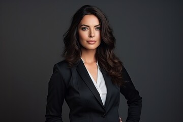 A successful and confident young businesswoman in a stylish suit, exuding professionalism and positivity in a studio portrait.