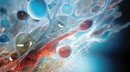 Abstract biology , microscopic view of organic substance, microorganism or cells, macro. Microbiology concept. Scientific background. 3D illustration. glowing organisms in the dark